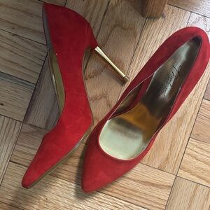 Thalia Sodi Red Suede Heels with Gold Accents
